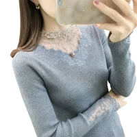 sweater women 2021 new spring autumn fashion lace v neck knitted tops long sleeve pullover female tricot jumper pull femme