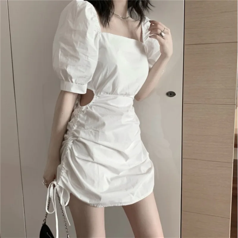 2020 летние новые квадратный воротник платье с короткими рукавами шнурок