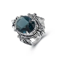 oval shaped sea blue tray stone ladies ring european and american retro 925 silver plated thai silver ring jewelry