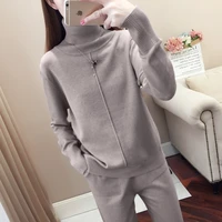 knitted 2 piece suit ladies long sleeve turtleneck pullover pencil pants suit ladies track knitted pants 2 piece set women