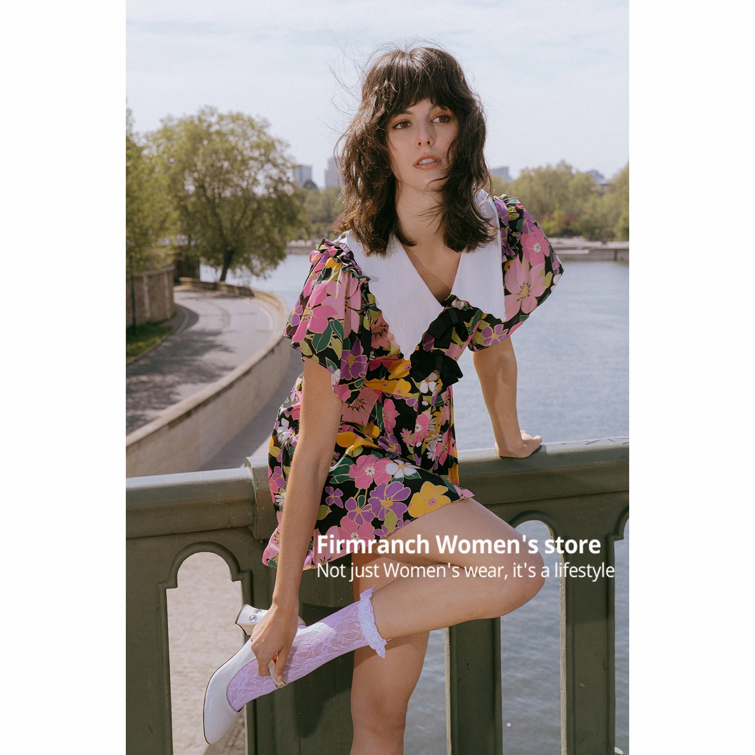 

Firmranch New French Style Dress 2021 For Women/ Girls Sweet Korean Bubble Sleeve Dress Special Design Shirt Collar Candy Colors