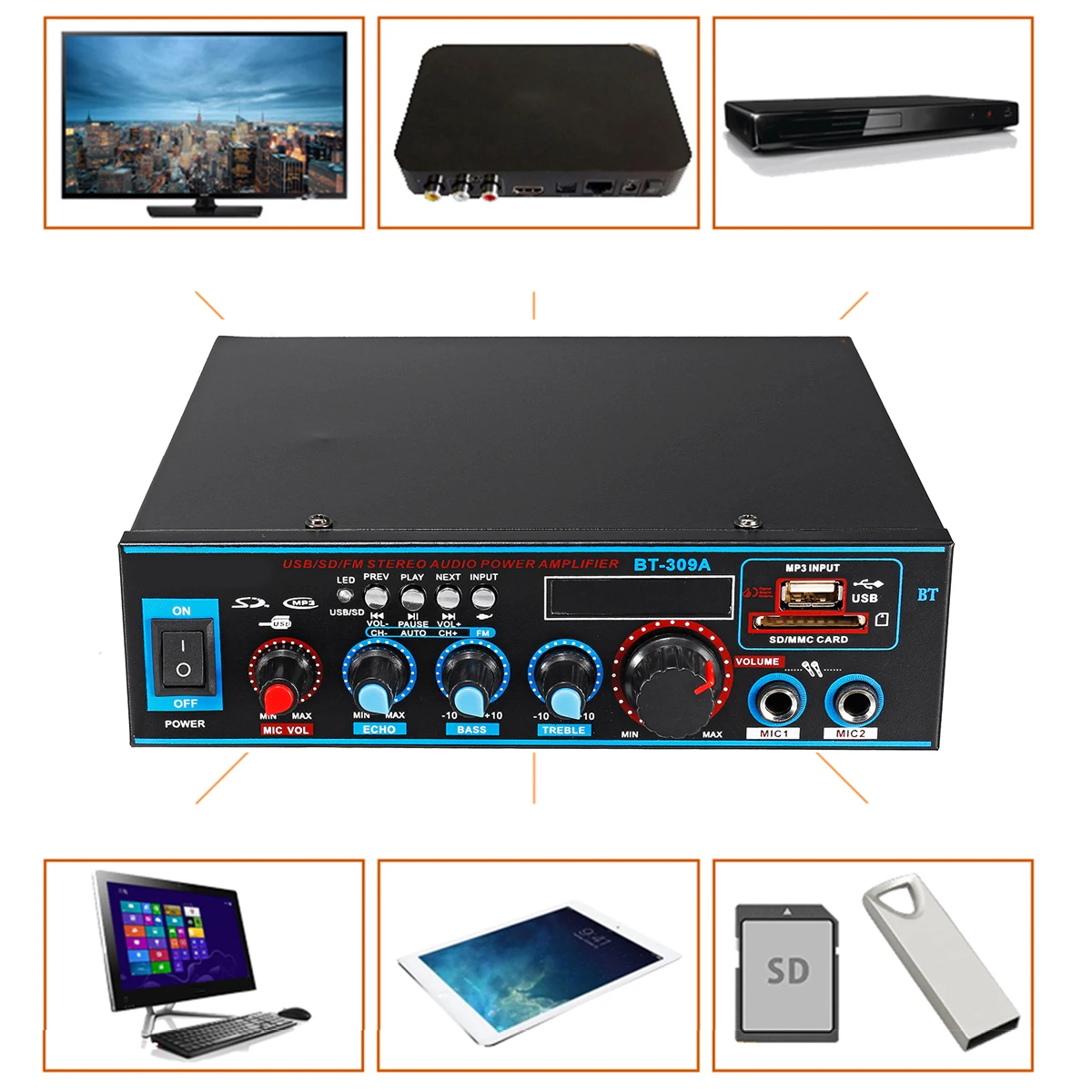 800 Вт 12/220V HI-FI 2CH Мощность усилитель аудио дома Театр звук Системы мини Bluetooth