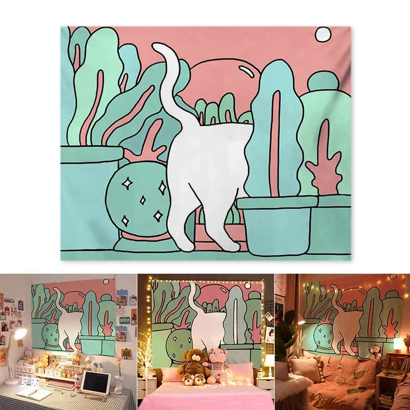 

200*150/150*130cm Cartoon Tapestry Cat Wall Tapestry Chambre Fille Creative Picnic Blanket for Living Room Christmas Decoration