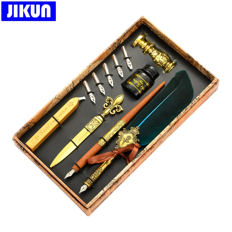 

JIKUN Retro Feathers Dip Pen Calligraphy Writing Balck Ink Elegant Fountain Pens Set Art 5 Nibs With Sealing Wax Stamp Gift Set