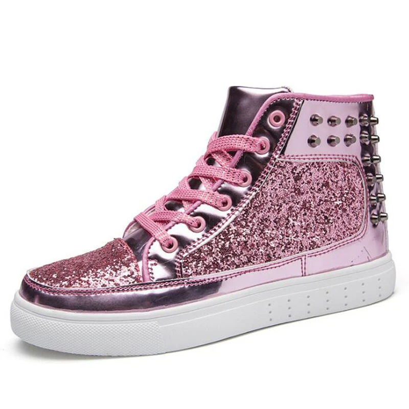 Мужская обувь для скейтеров серебряный розовый цвет пары расшитые блестками на
