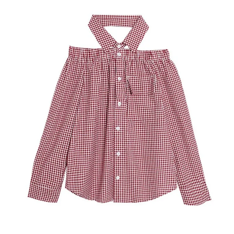 

Women Sexy Off Shoulder Blouse Tops 2019 Casual Long Sleeve Plaid Shirt Female Fashion Turn-down Collar Blouses blusa feminina