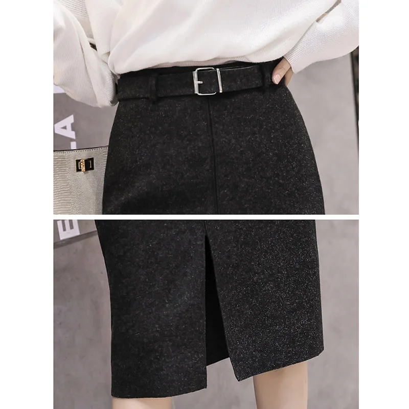 

Autumn Winter 2020 Straight Wool Skirt With Belt Casual Split Slim Office Lady Elegant Mid Skirt Faldas Mujer