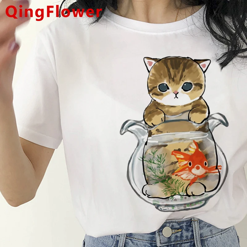 

Kawaii Cat summer top women white t shirt streetwear tumblr casual plus size summer top white t shirt aesthetic