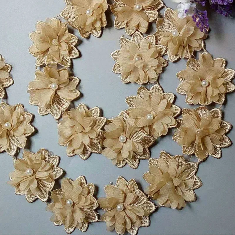 50x золотые цветы шифон Жемчуг вышитые кружева отделка Лента ткань ручной работы