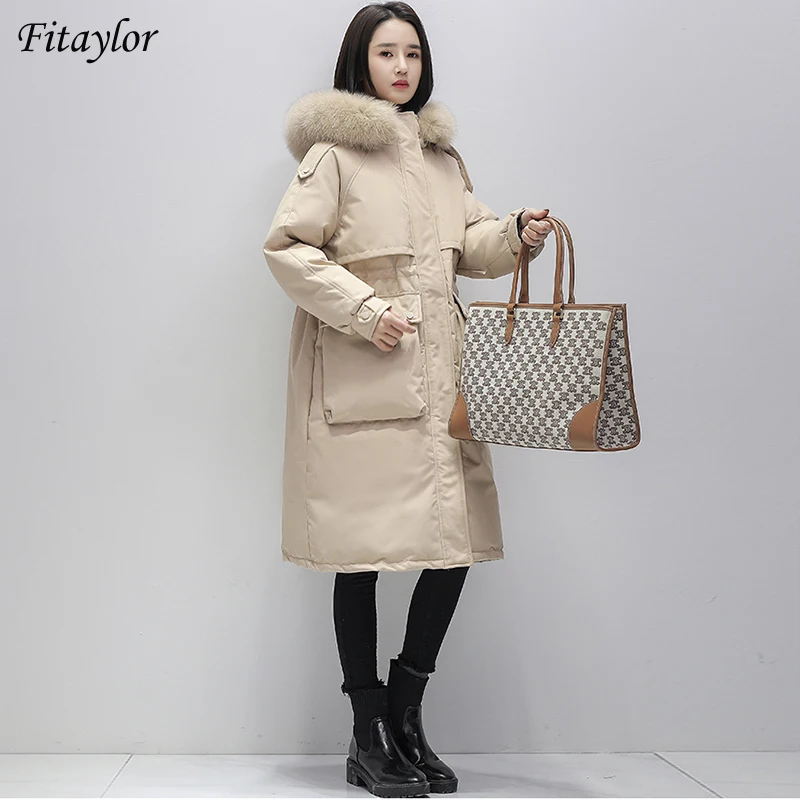 

Fitaylor Winter Large Natural Fur Collar Hooded Jacket Women 90% White Duck Down Long Coat Thickn Warm Outwear Waist Retractable