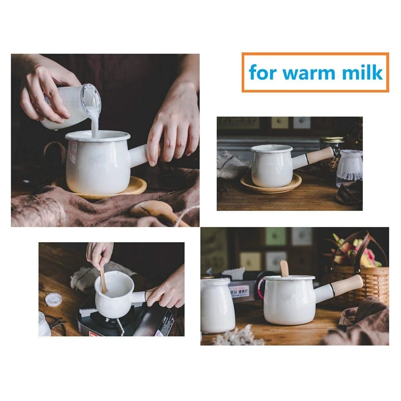 

Enamel Milk Pan, Mini Butter Warmer 10cm Enamelware Saucepan Pan Cookware with Wooden Handle, Perfect Size for Heating Smaller L