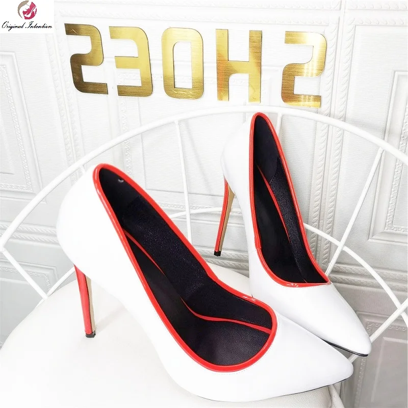 

Red Striped 12cm Thin High Heels Wedding Shoes White Patent Leather Dress Pumps Women Pointed Toe Shallow Stiletto Plus Size 47