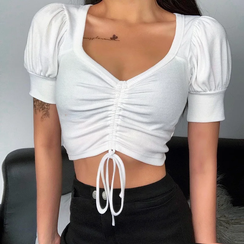 

2021 New Summer Sexy Shirring Crop Top Women Casual Solid Square Collar Bodycon Ladies Short Sleeve Pullover Top