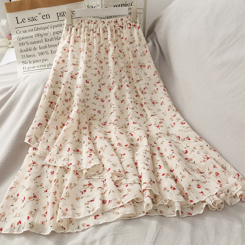 

Женская шифоновая юбка с цветочным принтом, Повседневная трапециевидная Юбка-миди с эластичным поясом и оборками, лето 2021