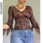 Женская укороченная футболка Rockmore, осенняя, сетчатая, с V-образным вырезом и винтажным принтом, в стиле Харадзюку