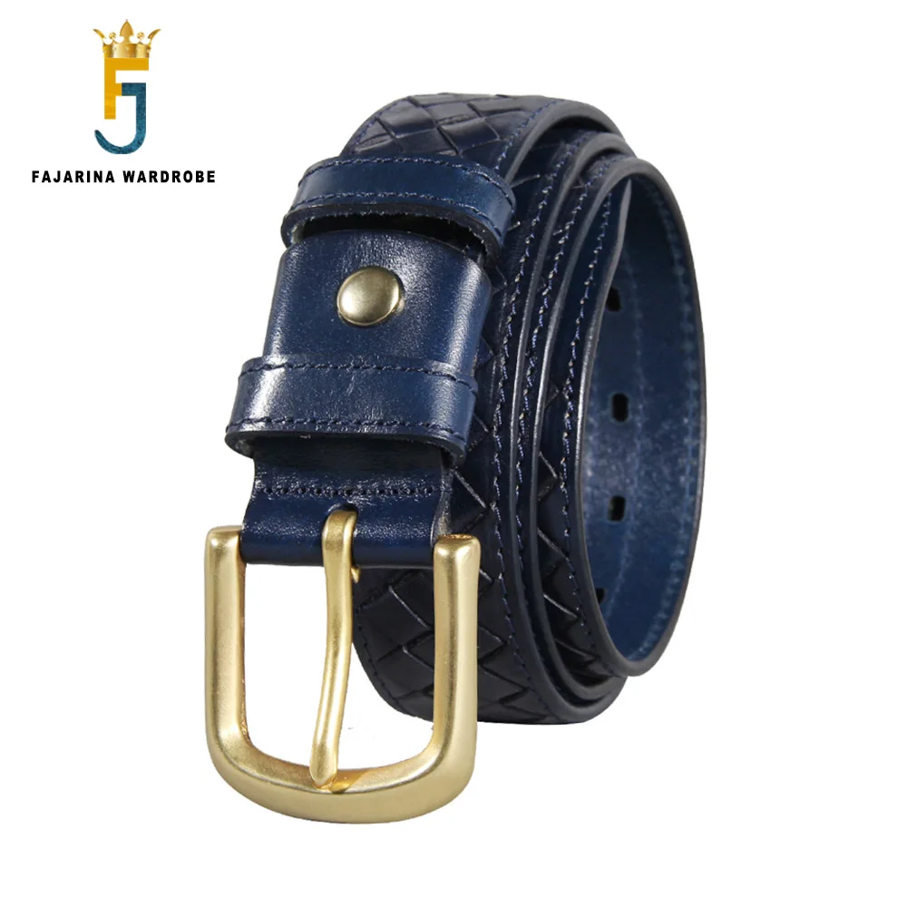 FAJARINA Men‘s Quality 100% Cowhide Knitting Leather Brass Pin Buckle Metal Belt  Blue Cow Skin Belts Men 3.8cm Width N17FJ887