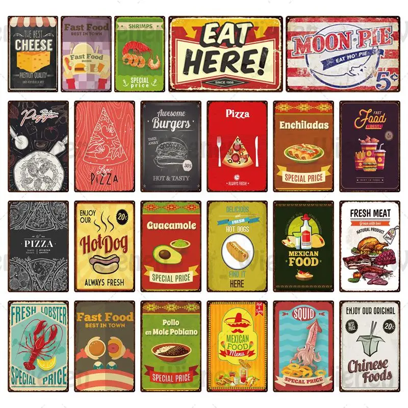 

Retro Pizza Hot Dogs Metal Tin Sign Fast Food Iron Plate Vintage Plaque Wall Decor For Cafe Restaurant Dinner Kitchen Home Decor