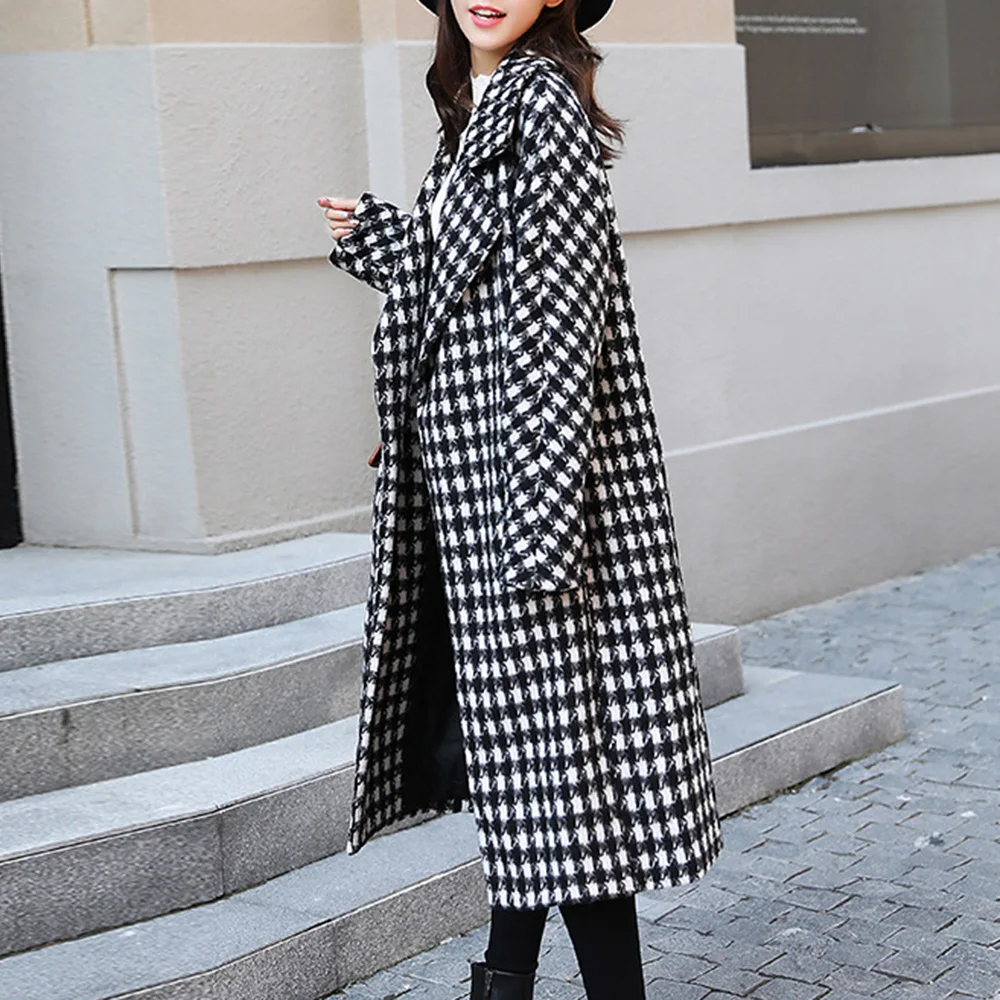 2019 осенний Женский Тренч зимнее длинное пальто шерстяное в ломаную клетку