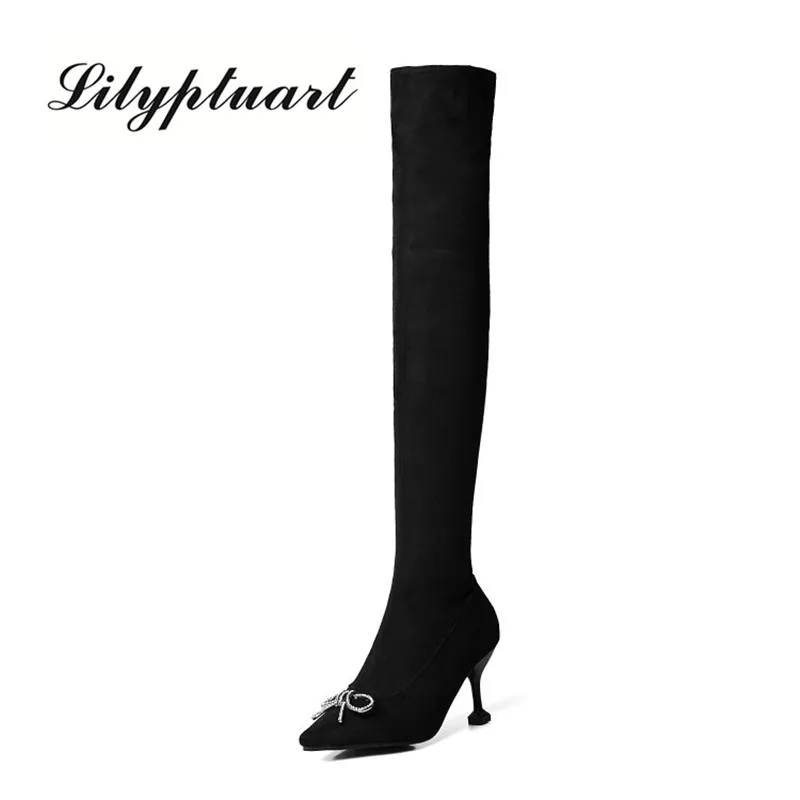 Новинка Осень зима 2019 Сапоги выше колена на высоком каблуке женские эластичные