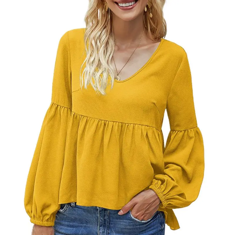 

Women Fashion Bubble Long Sleeve Blouse Sexy V-Neck Loose Tops Solid Color Shirt