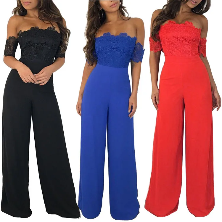 

NEW Long Wide Leg Sexy Party Jumpsuit Summer Lace Splice Slash Neck Short Sleeve Formal Overall Lady Backless Solid Romper K9219