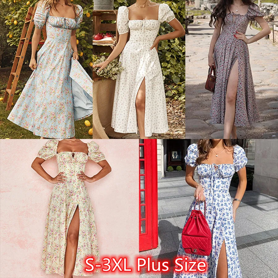 

Floral Print Split Side Vintage Long Dress Summer Plus Size 3XL Elegant Dresses Holiday Bohemian Square Collar Vestidos 8Colors