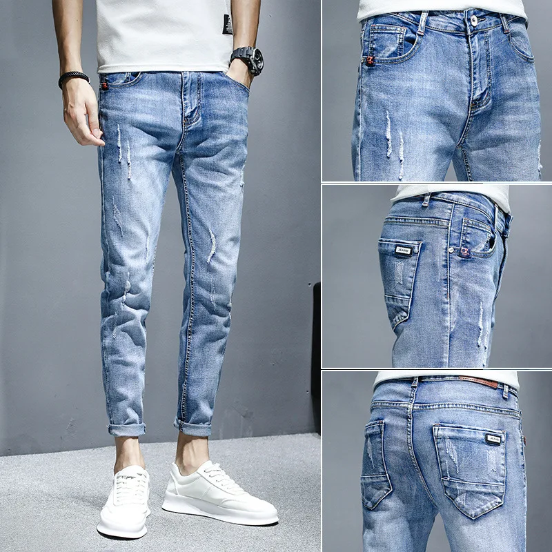 

Wholesale 2021 teenagers Denim Jeans men's Korean feet brand stretch men's trousers summer thin casual ripped ankle length pants