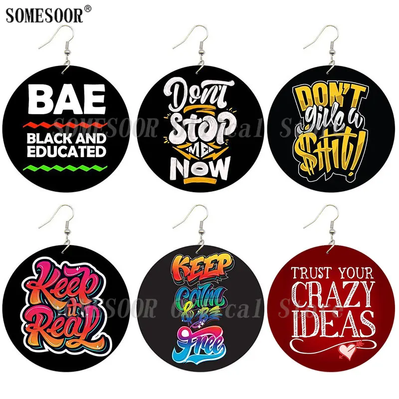 Образованные черные серьги SOMESOOR деревянные подвески с надписью Keep Real Calm