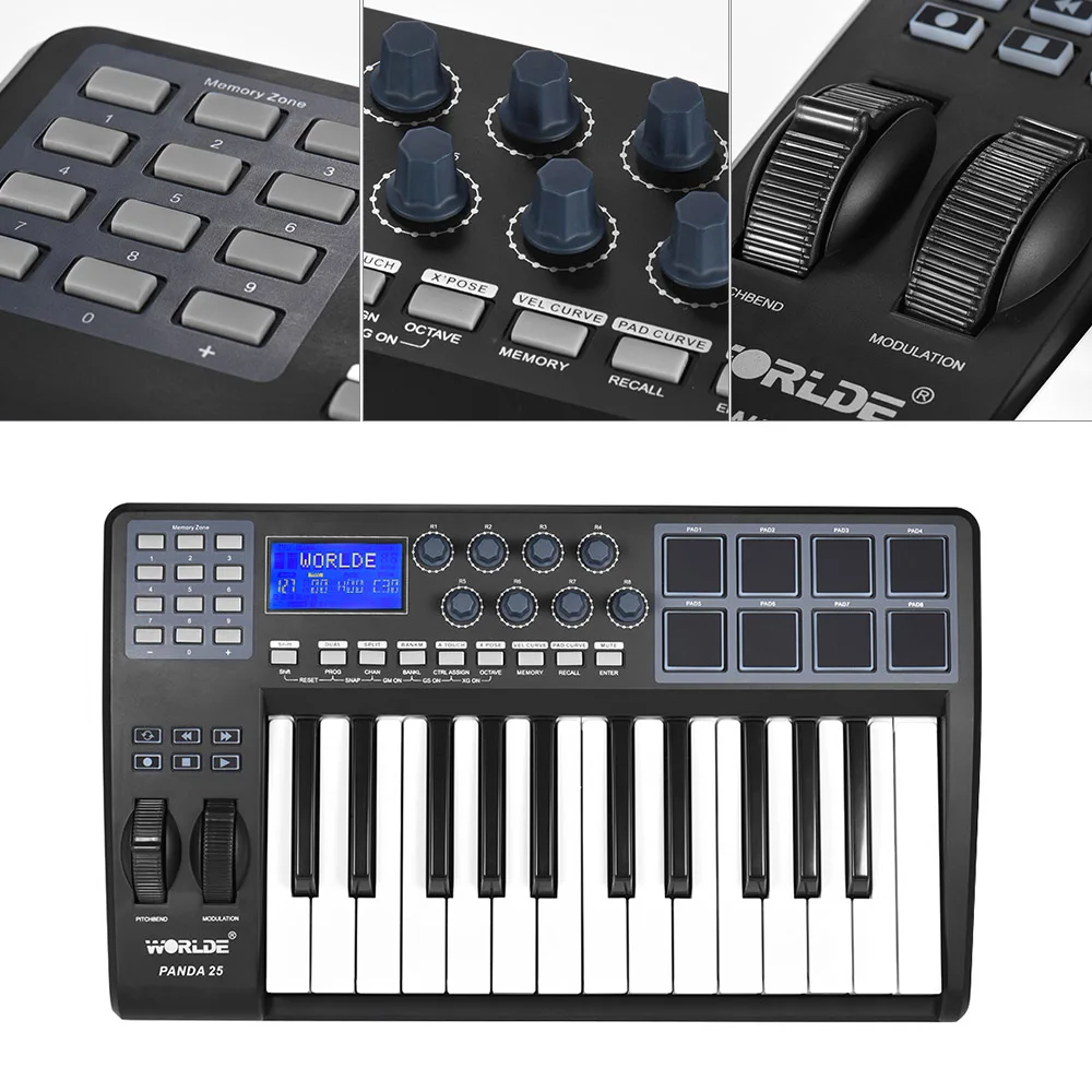Ультрапортативная USB MIDI-клавиатура WORLDE PANDA25 25 клавиш 8 барабанных колодок