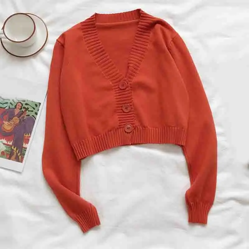Женский укороченный вязаный кардиган короткий свитер в Корейском стиле с