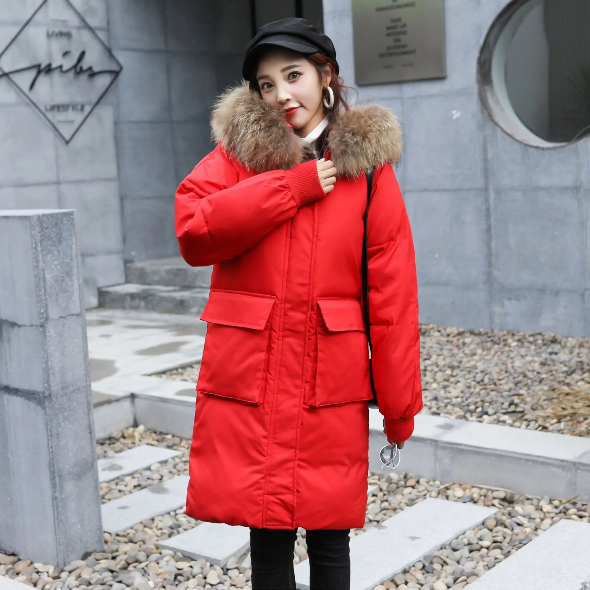 

Chic Fur Coat Hooded Winter Down Coat Warm Jacket Long Slim Women Cotton padded Wadded Parkas female jacket Big pocket