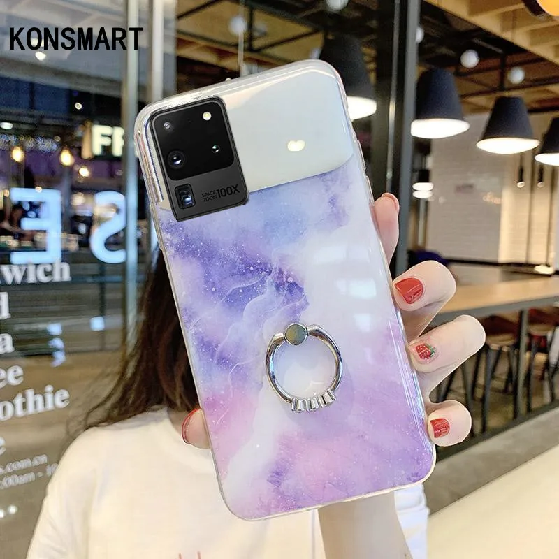 

KONSMART чехол для Samsung S20, мраморный зеркальный мягкий чехол для телефона Samsung Galaxy S20, ультра силиконовый роскошный чехол на палец с кольцом, S20 +