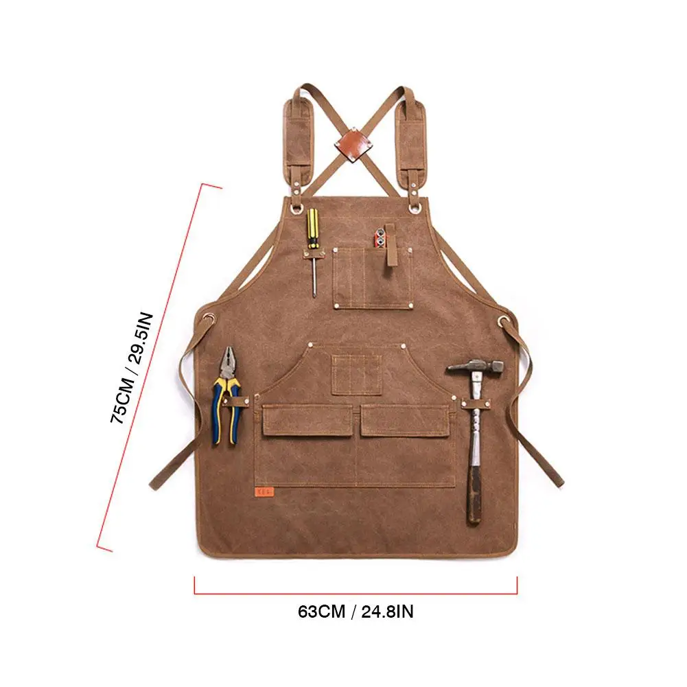 

Durable Goods Heavy Duty Waxed Unisex Canvas Work Apron With Tool Pockets Cross-Back Straps Adjustable For Woodworking Painting