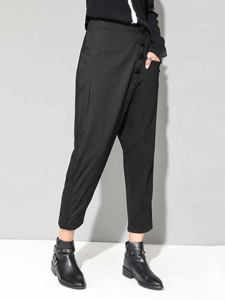 WQJGR Spring 2021 Streetwear Pants Women Button Fly Ankle Length Black Spliced Middle Elastic Waist Trousers | Женская одежда