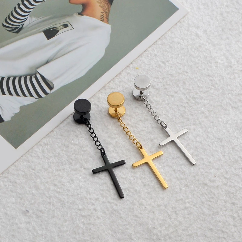 

1 Piece Punk Gothic Stainless Steel Stud Earring Cross Round Fake Ear Taper Dumbbell Fashion Women Men Rock Jewelry
