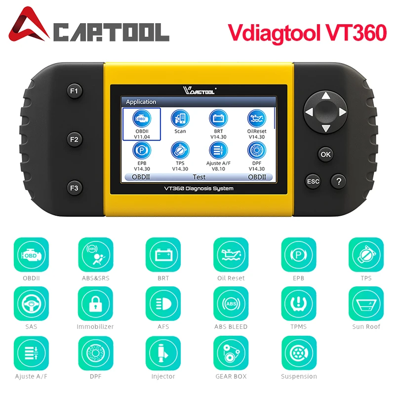 

OBDII Vdiagtool VT360 obd2 ABS Airbag SAS BRT EPB DPF TPA TPMS Immo Oil Reset Injector OBD2 Automotive Scanner