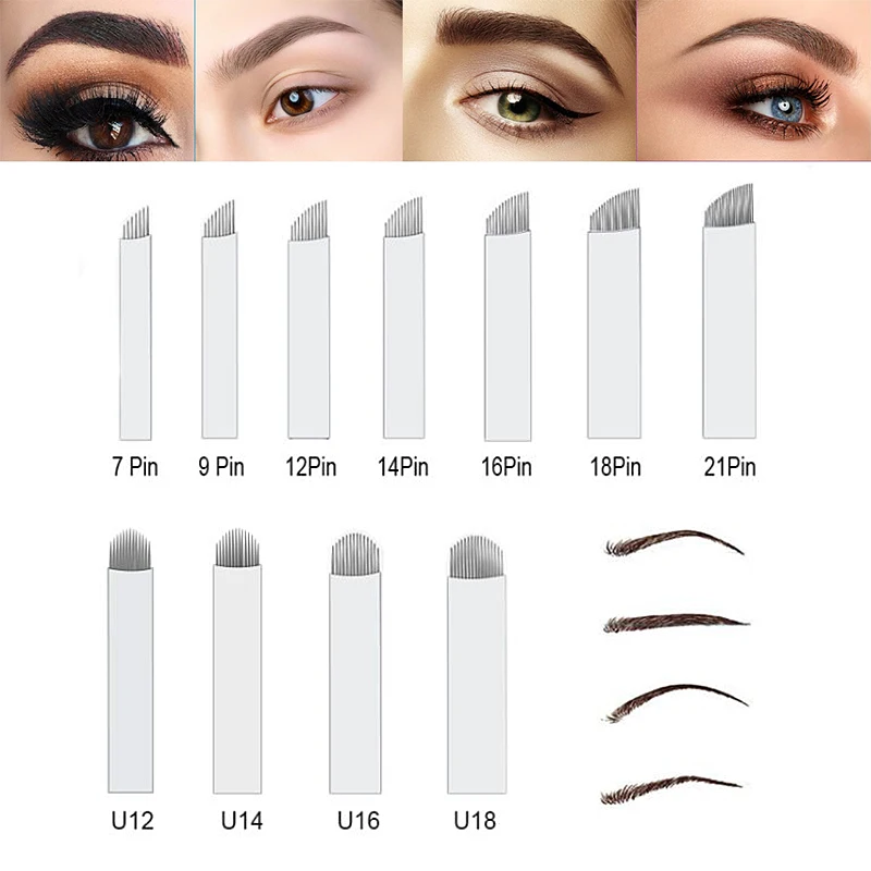 

100 шт. Laminas Nano Microblading иглы белые 7 9 11 12 14 16 18 21F U18 Форма булавки для татуировок лезвие для макияжа бровей