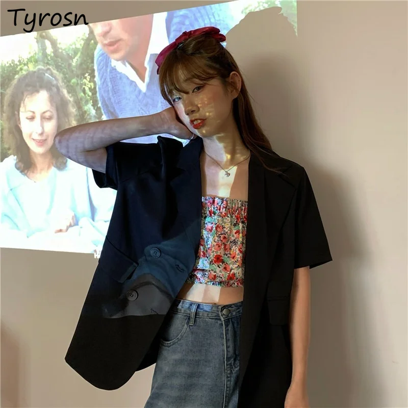 

Женский двубортный блейзер с коротким рукавом, свободная однотонная универсальная верхняя одежда, студенческие повседневные Модные Дизай...