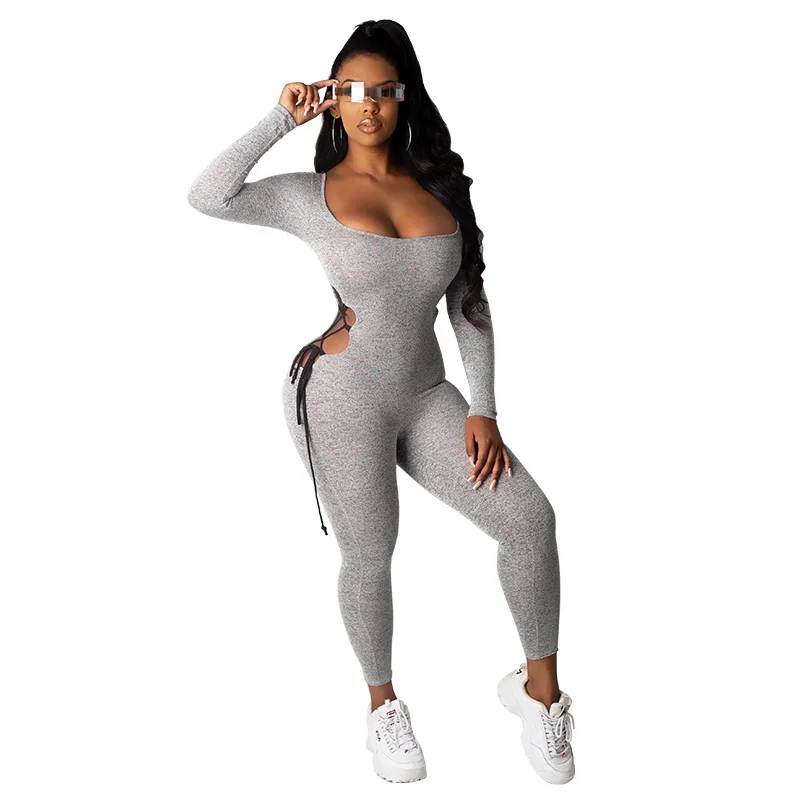 

Side Hollow Out Lace-Up High Waist Pencil Pants Trousers Women O Neck Long Sleeve Skinny Joggers Overalls Jumpsuit Wholesale