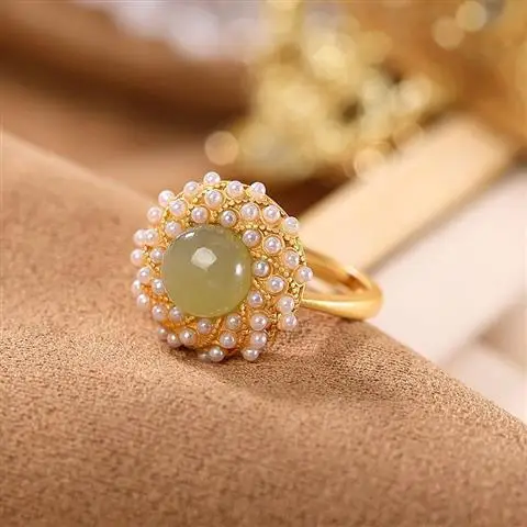 

S925 Sterling Silver Gilding Hetian Jade Gray Jade Pearl Ornament Light Luxury Antique Fashion Temperament Silver Pendant Open R