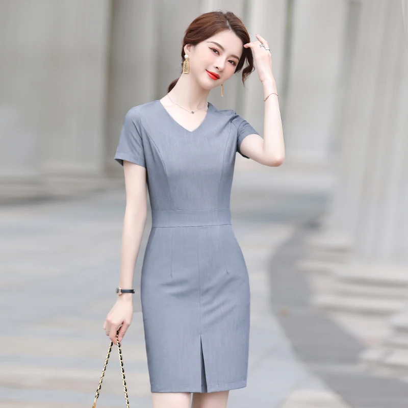Женское платье с коротким рукавом элегантное серое модное приталенное V-образным
