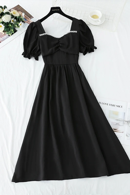 

2021 Fashion Women's Retro Puff Sleeve White Female Summer New Fairy Dress with Waist and Thin Temperament Little Black Dress