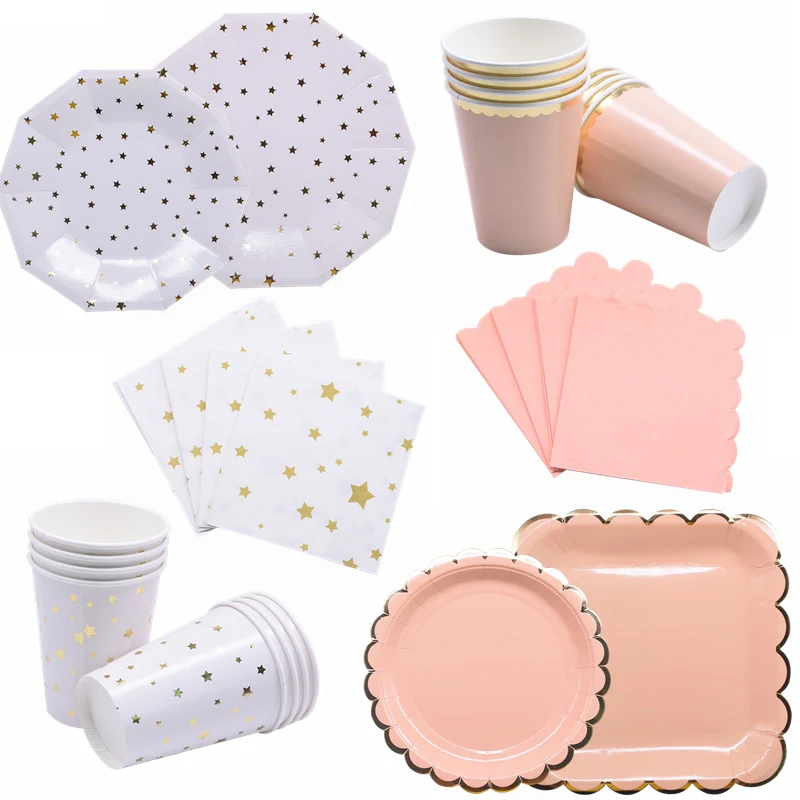 Белая розовая одноразовая посуда бумажная салфетка под тарелку кружку для дня