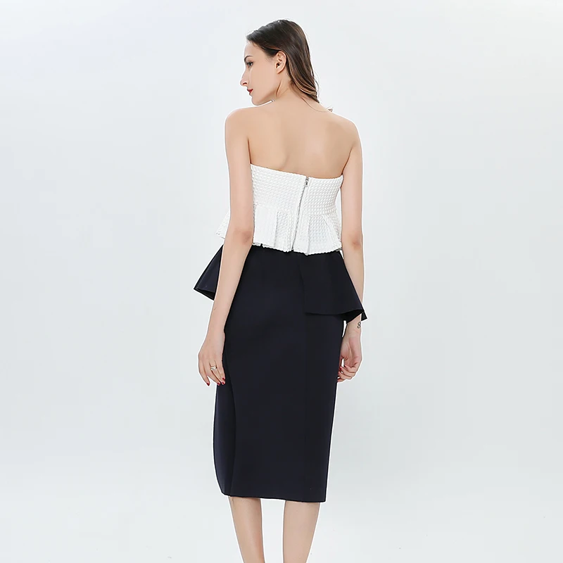 

GALCAUR Korean Two Piece Set For Women Off Shoulder Strapless Tops High Waist Ruffles Side Split Midi Skirts Female 2021 Clothes