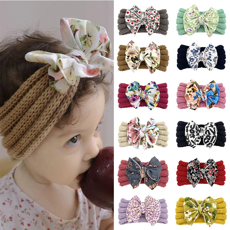 

Cute Children's Headband Printed Bow Headband Autumn Winter Knitted Turban Hairband Elastic Hair Bands Hair Accessories Headwear