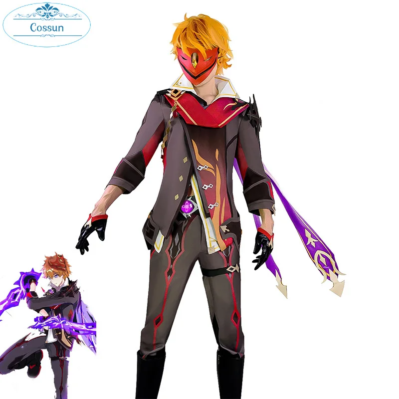 

Game Genshin Impact Demon Thunder King Tartaglia Cosplay Costume Men's Combat Suit Party Outfit Mask Halloween Carnival Uniforms