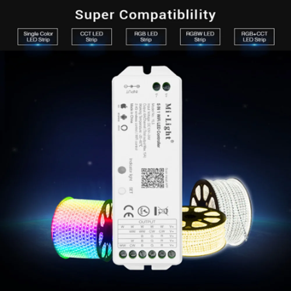 Milight YL5 2,4G 15A 5 в 1 WiFi светодиодный контроллер для одного цвета, CCT, RGB, RGBW, RGB+ CCT светодиодный полосы, поддержка Amazon Alexa Voice