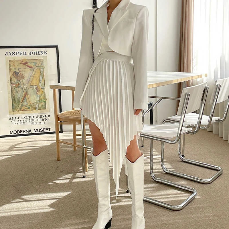 

Women New Casual White Two Piece Set for Women Notched Long Sleeve Blazer High Waist Irregular Hem Skirt Elegant Korean Sets