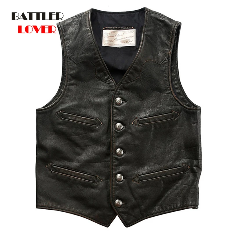 

2020 Vintage Black Men American Style Slim Fit Genuine Leather Vest for Male Plus Size 6XL Cowhide Spring Steampunk Biker's Vest