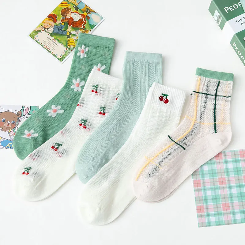 

2021 New Fashion Flower Cherry Cute Women Socks Spring Summer Hollow Out Mesh Soft Breathable Thin Girls Socks Green White